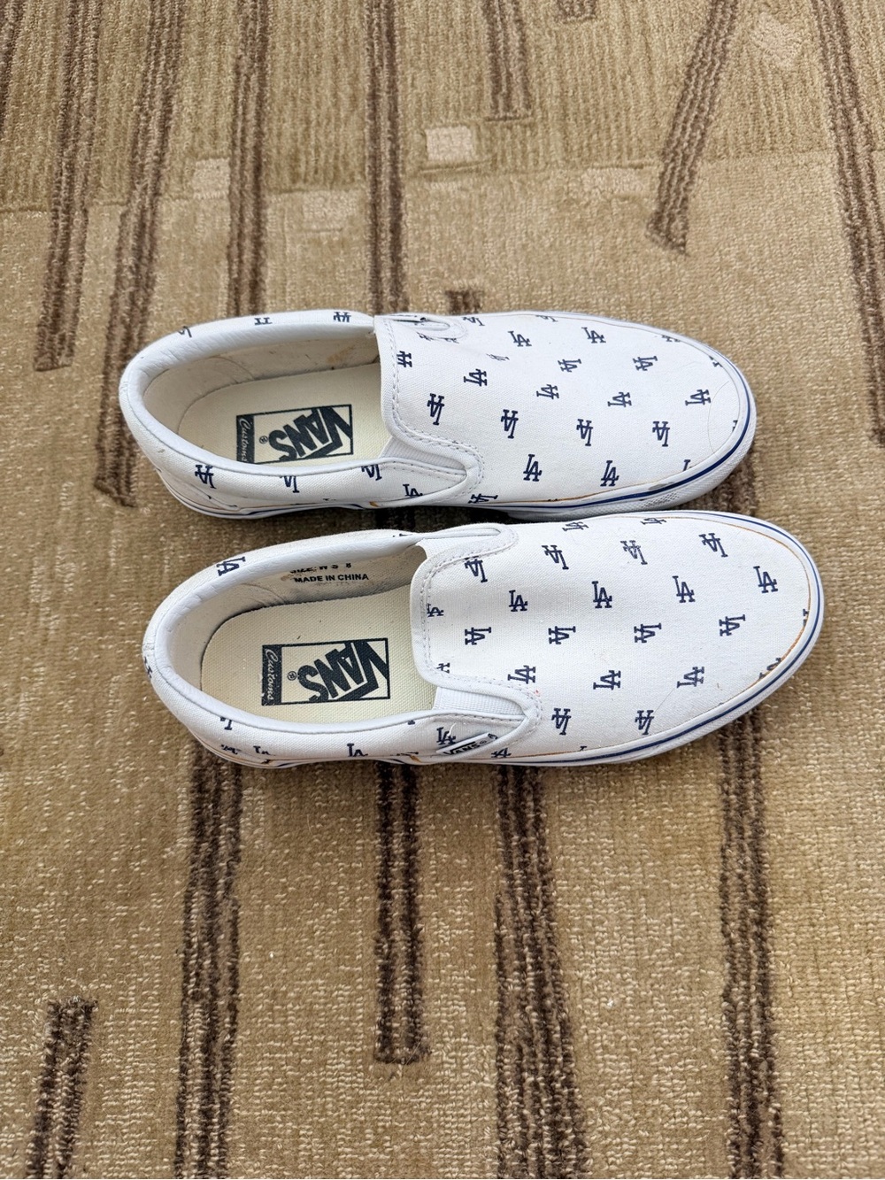 Vans Women’s White Slip-On Sneakers with Navy LA Dodgers Print